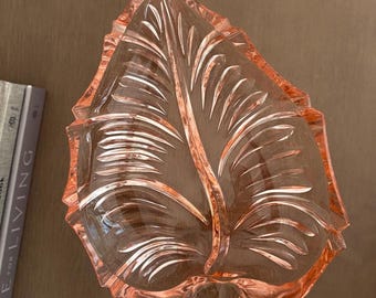 Vintage Pink Glass Leaf Dish Tray, Pressed Glass Serving Plate, Mid Century Decorative Bowl, Blush Glass Vanity Catchall, 11 x 7.75 inches