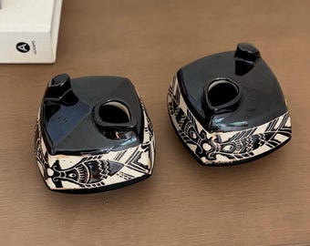 Vintage Sgraffito Studio Pottery Mini Creamer or Vases Pair – Black & Cream Tribal Motif – 4” Wide