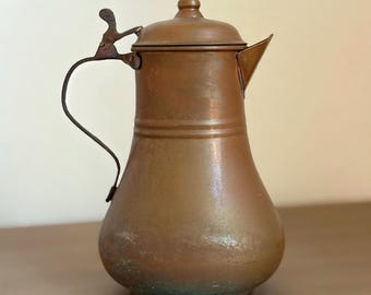 Vintage Copper Coffee Pot Turkish Teapot Pitcher | Rustic Handmade Copper Jug | Primitive Kitchen Decor | 8” Tall Anatolian Style