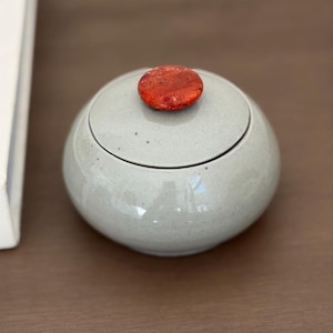 Vintage Studio Pottery Rounded Lidded Jar Gray Ceramic Stone Knob Handmade Trinket Jewelry Box Vanity Decor