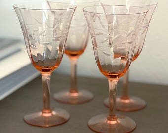 Vintage Pink Etched Wine Glasses Set of 4 Blush Depression Glass Goblets Floral Stemware 8 oz