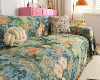 Heavyweight Chenille Sofa Slipcover, Floral Woven Throw Blanket with Fringe, Vintage Tapestry Couch Cover, Cottagecore Furniture Protector