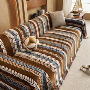 Chenille Sofa Throw, Latte Art Chevron Pattern, Heavyweight Furniture Protector