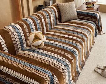 Chenille Sofa Throw, Latte Art Chevron Pattern, Heavyweight Furniture Protector
