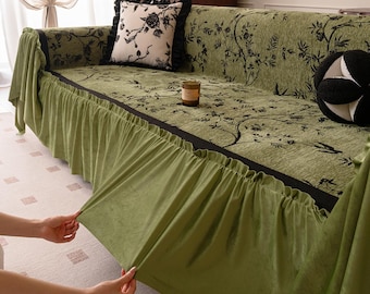 French Romantic Ruffle Sofa Cover, Floral Toile Couch Throw, Chic Skirted Slipcover