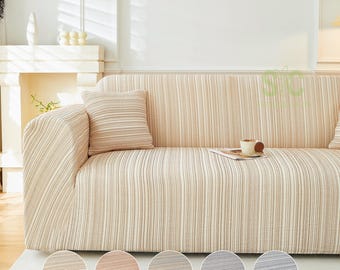 Striped Chenille Sofa Cover, Stretch L Shaped Couch Slipcover, Chic Textured Protector for Modular Living Room