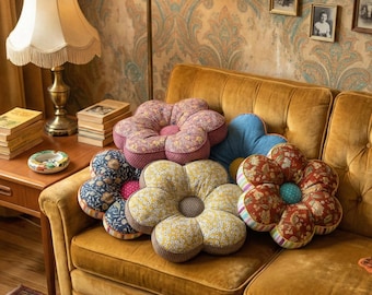 花柄の枕、ヴィンテージデイジーシートクッション、コテージコアフロアパッド