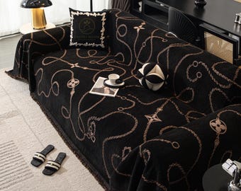 黒の抽象的なラインのシェニールソファスロー、幾何学模様の織物家具カバー、毛玉防止ドレープ