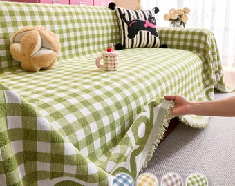 ミニマルなレインボーチェック柄シェニールソファスロー、ドーパミンカラーソファカバー、毛玉防止ドレープ