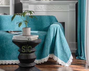 Solid Color Chic Lace Trim Chenille Sofa Cover, Dopamine Palette Throw Blanket, Skin-Friendly Couch Drape