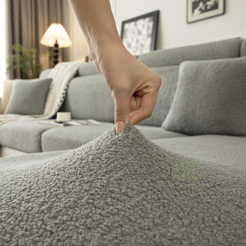 May include: A sage green sofa cover featuring a thick, textured, sherpa-like fleece fabric. The material has a dense, curly pile surface that provides a soft, fuzzy appearance, covering the cushions of a large sectional sofa in a living room.