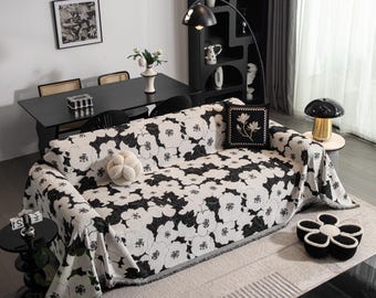 ボヘミアン風花柄ソファースロー、シェニール織りソファーカバー、ジャカード織りベッドブランケット、黒白ドレープ