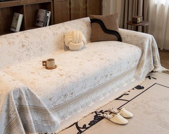 ヴィンテージ牡丹柄ソファースロー、シェニール織りソファーカバー、ジャカード織り花柄ドレープ、フリンジ付きブランケット