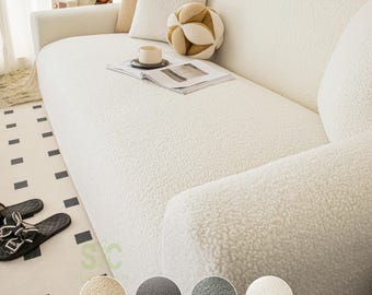 Teddy Fleece Sofa Cover, Boucle Stretch Couch Slipcover, Fuzzy Winter Furniture Protector, Cozy Chic Living Room Decor