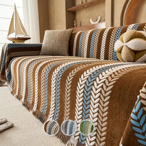 Chenille Sofa Throw, Latte Art Chevron Pattern, Heavyweight Furniture Protector