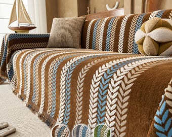 シェニールソファースロー、ラテアートシェブロン柄、厚手の家具保護カバー