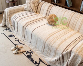 Elegant Striped Chenille Sofa Throw, Neutral Woven Couch Cover, Quiet Luxury Furniture Protector, Minimalist Anti-Pilling Drape