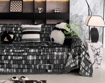 Sophisticated Black & White Mosaic Chenille Sofa Throw, Abstract Geometry Couch Cover, Premium Anti-Slip Drape, Quiet Luxury