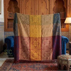 Manta de Sofá Chenille Boho, Capa Patchwork, Colcha Tapeçaria, Tapete de Chão Vintage, Manta com Franjas
