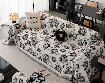 Sophisticated Black & White Anemone Chenille Sofa Throw, Elegant Floral Couch Cover, Premium Anti-Slip Drape, Quiet Luxury Botanical Decor