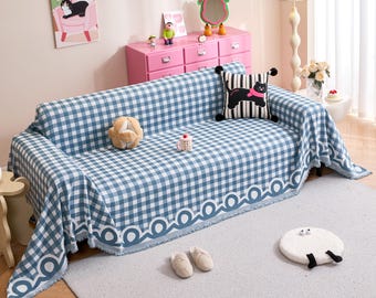 Minimalist Rainbow Checkered Chenille Sofa Throw, Dopamine Color Couch Cover, Anti-Pilling Drape