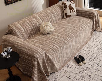 流れる砂色のシェニール織りソファースロー、抽象的な滝柄ソファーカバー、毛玉ができにくい厚手のブランケット