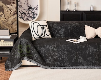 Chic Black Sofa Cover, Heavyweight Fluffy Couch Throw, Minimalist Slipcover