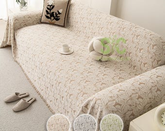 Elegant Botanical Chenille Sofa Throw, Quiet Luxury Floral Couch Cover, Woven Furniture Protector, Anti-Pilling Minimalist Drape