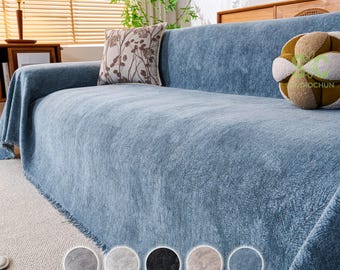 厚手の無地シェニールソファスロー、柔らかくペットにも優しいソファカバー、毛玉ができにくいドレープ