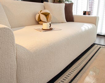 Textured Jacquard Fleece Sofa Cover, Stretch Couch Protector, Minimalist Decor