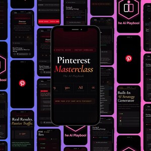 Könnte beinhalten: Ein Smartphone-Bildschirm zeigt einen digitalen Leitfaden mit dem Titel Pinterest Masterclass The AI Playbook. Die Benutzeroberfläche hat dunkle Hintergründe mit weißem und rotem Text, einschließlich Abschnitten für Lektionen, KI-Generatoren und Strategietipps.