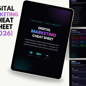 Fusklapp för digital marknadsföring 2026 | 10 interaktiva moduler | Säljpsykologi, innehållsmallar, Hook Builder, DM-skript och varumärkesguide