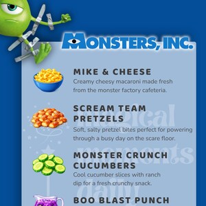 May include: A Monsters, Inc. menu featuring Mike & Cheese, Scream Team Pretzels, Monster Crunch Cucumbers, Boo Blast Punch, and Sully's Sweet Treats. The graphic includes illustrations of Mike Wazowski and James P. Sullivan on a blue background.