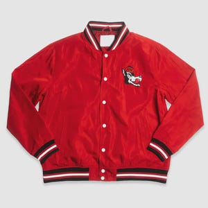 Red Wolfpack Varsity Jacket – Vintage Style Bomber Jacket, Embroidered Wolf Logo, Streetwear College Jacket, Unisex Gift for him