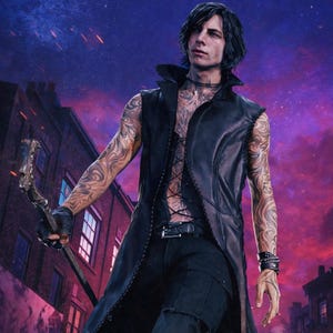 Puede incluir: Una persona con cabello negro y tatuajes, vistiendo un chaleco de cuero negro sobre una parte superior con cordones, pantalones negros y una pulsera. Sostiene un arma plateada con una hoja curva. El fondo presenta un paisaje urbano con un cielo púrpura y rojo.