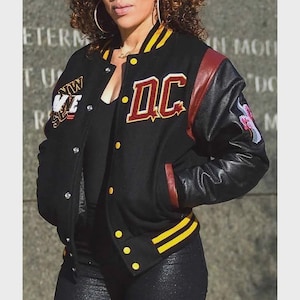 Kurtka uniwersytecka Washington Commanders Varsity z czarnej wełny i skórzanymi rękawami, kurtka baseballowa DC, unisex, styl retro, prezent na walentynki, USA, Wielka Brytania
