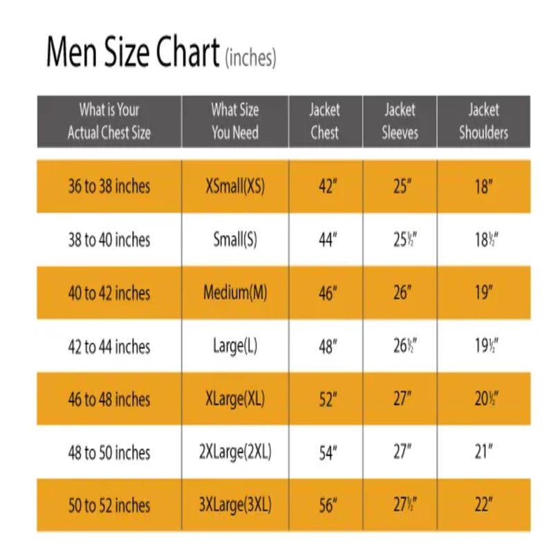 Puede incluir: Tabla de tallas para hombre en pulgadas, que detalla las medidas de pecho, manga y hombros para tallas de chaqueta. Tallas que van desde XSmall (91-97 cm de pecho) hasta 3XLarge (127-132 cm de pecho).