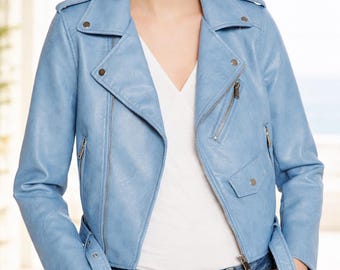 Chaqueta de motociclista de cuero azul bebé para mujer, chaqueta de moto corta, chaqueta de moto azul cielo, chaqueta con cremallera asimétrica, abrigo de cuero de moda para mujer