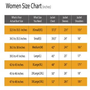 Puede incluir: Tabla de tallas para mujer en pulgadas, que detalla el contorno de pecho, el pecho de la chaqueta, las mangas y las medidas de los hombros. Las tallas van de XS a 3XL, con contornos de pecho de 82.5 a 122 cm. Incluye medidas de la chaqueta.