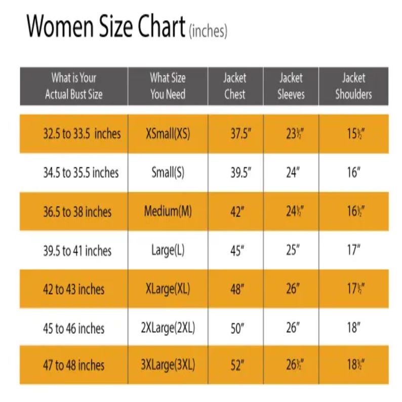 Puede incluir: Tabla de tallas para mujer en pulgadas, que detalla el contorno de pecho, el pecho de la chaqueta, las mangas y las medidas de los hombros. Las tallas van de XS a 3XL, con contornos de pecho de 82.5 a 122 cm. Incluye medidas de la chaqueta.