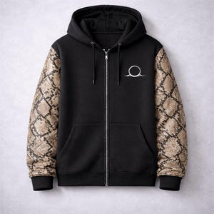 Svart dragkedja med ormtryckta ärmar – Streetwear-hoodie Herr Dam – Pythonfärgad läderjacka – Urban Fashion-hoodie