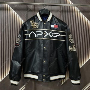 Chaqueta universitaria APXGP F1 de cuero negro para hombre. Chaqueta de lujo con bordado de letras. Chaqueta bomber de estilo urbano premium. Chaqueta de invierno de regalo.