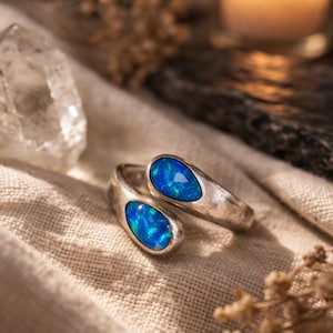 Vintage Opal Ring Sterling Silver 950 – Adjustable Open Ring, Blue Fire Opal Teardrop Ring, Artisan Statement Jewelry