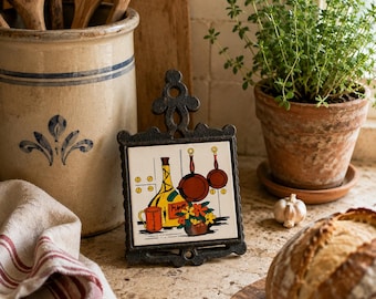Mediterranean Tile Cast Iron Trivet | Vintage Kitchen Hot Plate | Rustic Cottage Decor | Colorful Ceramic Tile Accent
