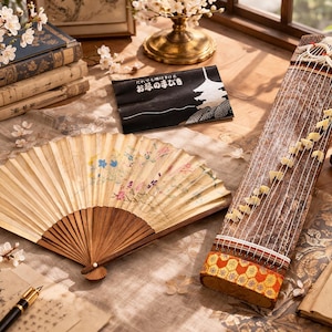 May include: A traditional Japanese koto instrument with strings, a decorative fan, and a small ceramic teapot are arranged on a wooden surface. A small black box with Japanese text is also present. The fan has floral designs.