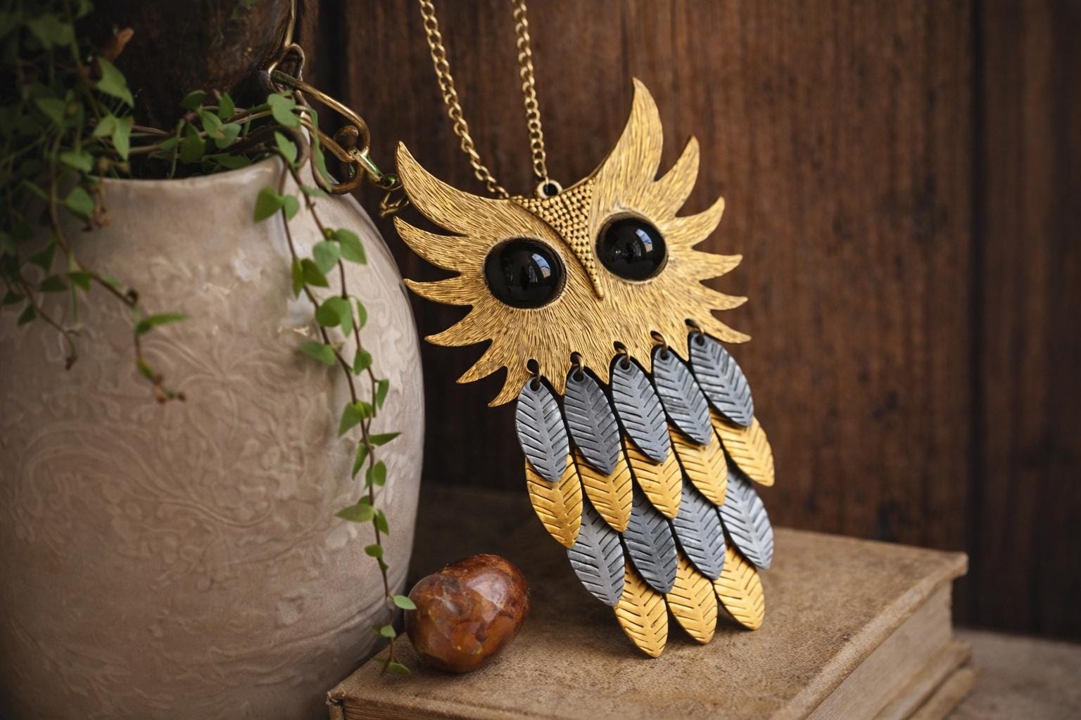 Vintage Owl Pendant &ndash; Gold & Silver Layered Feather Owl &ndash; Mid Century Boho Statement