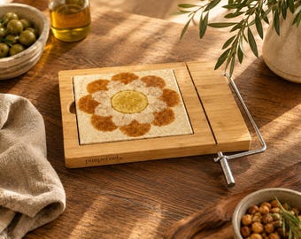 Vintage Pimpernel Bamboo Cheese Slicer with Floral Tile • Hearthside Kitchen Story Piece