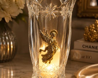 Vintage Bohemian Lead Crystal Fairy Light Candle Hurricane with Gold Angel Accent