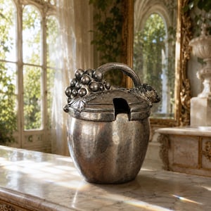May include: A silver-toned metal ice bucket with a rounded body and a lid featuring a decorative cluster of grapes and leaves. The lid includes a curved handle and a small cutout opening for a serving utensil, with a polished metallic finish.