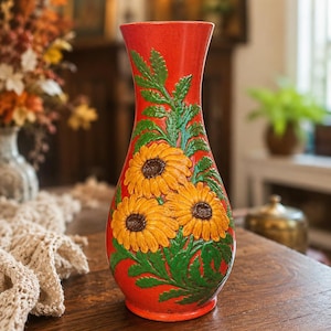 1970s Sunflower Ceramic Vase | Orange Floral Vase | Raised Flower Pottery | Retro Cottage Farmhouse Decor